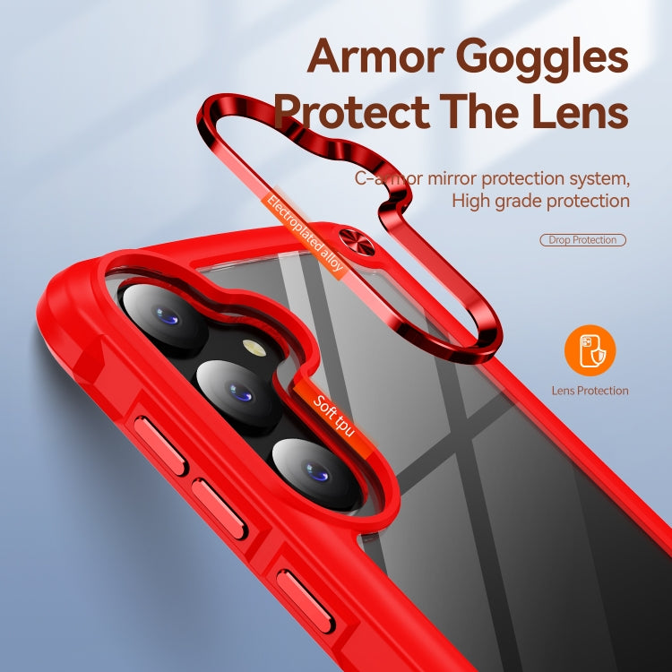 Red TPU + PC lens protection phone case for Samsung Galaxy S24 5G, showcasing its durable design and electroplated alloy frame.